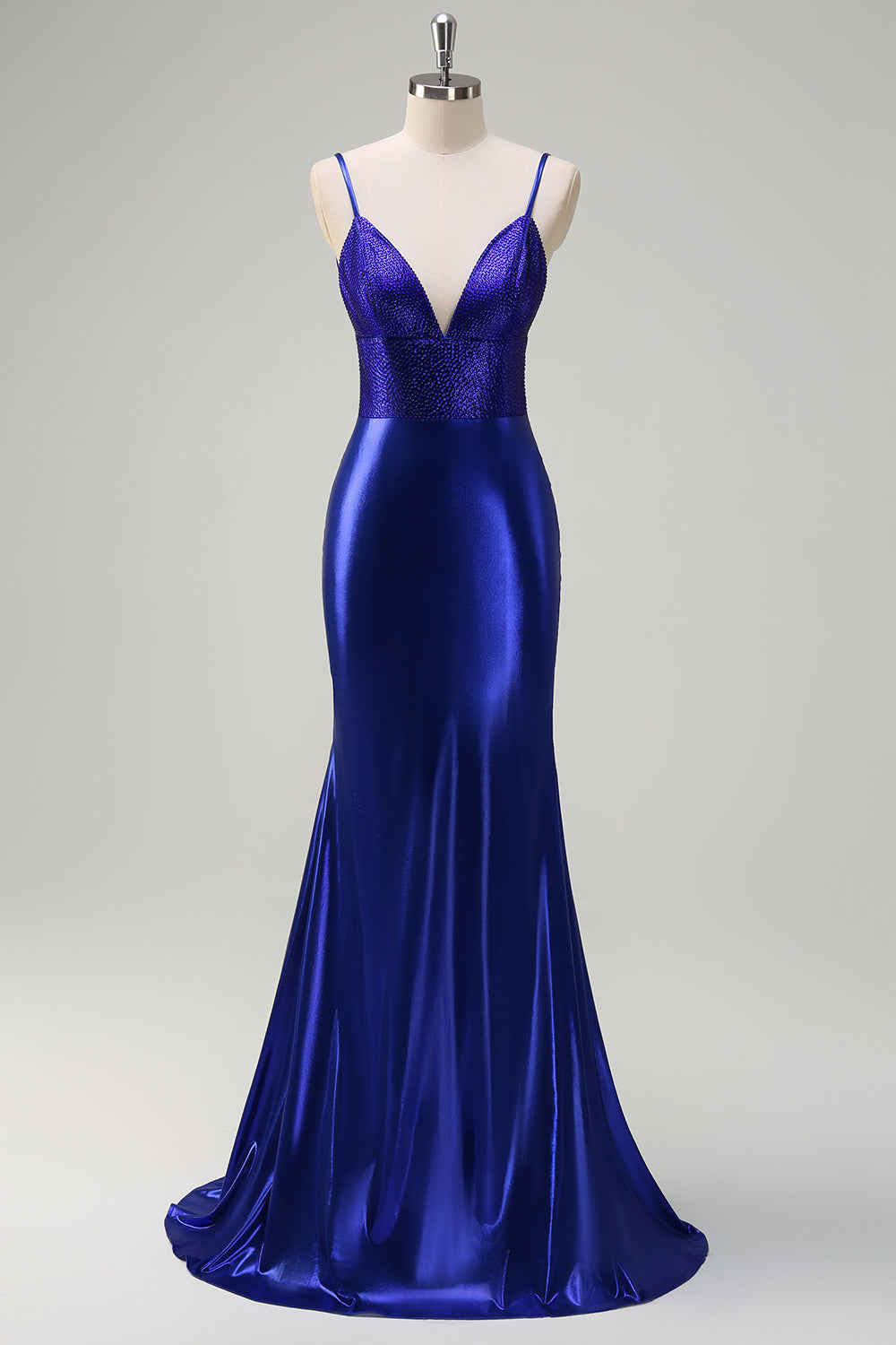 Royal Blue Mermaid V-ringad pärlstav Satin Balklänning med öppen rygg