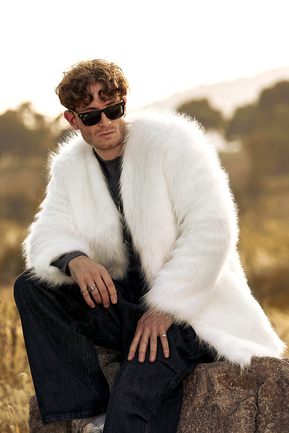 Vit Fluffig Fuskpäls Långärmad Herr Cardigan Coat