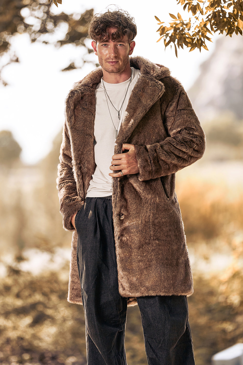 Fluffig Notched Kavajslag Fuskpäls Lång Khaki Mäns Kappa