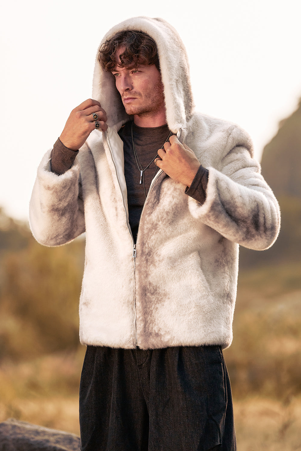 Elfenben Faux Fur Zip-Up Hoodie Långärmad Herr Vinter Kappa