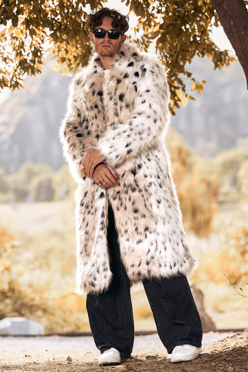 Vit Halvlång Långärmad Fuskpäls Tryckt Leopard Mäns Kappa