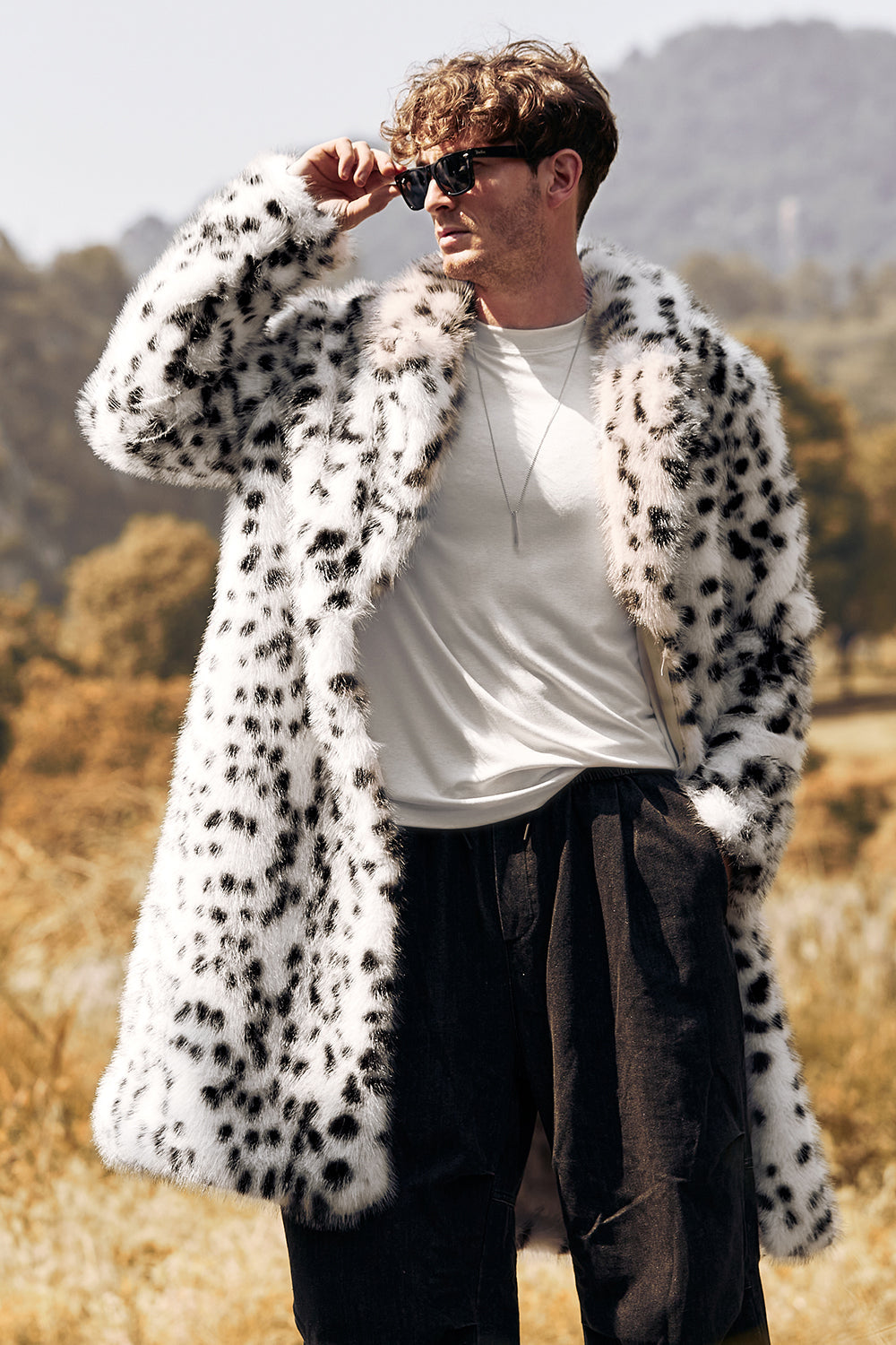 Vit Svart Fuskpäls Tryck Leopard Halvlång krage Mäns Kappa