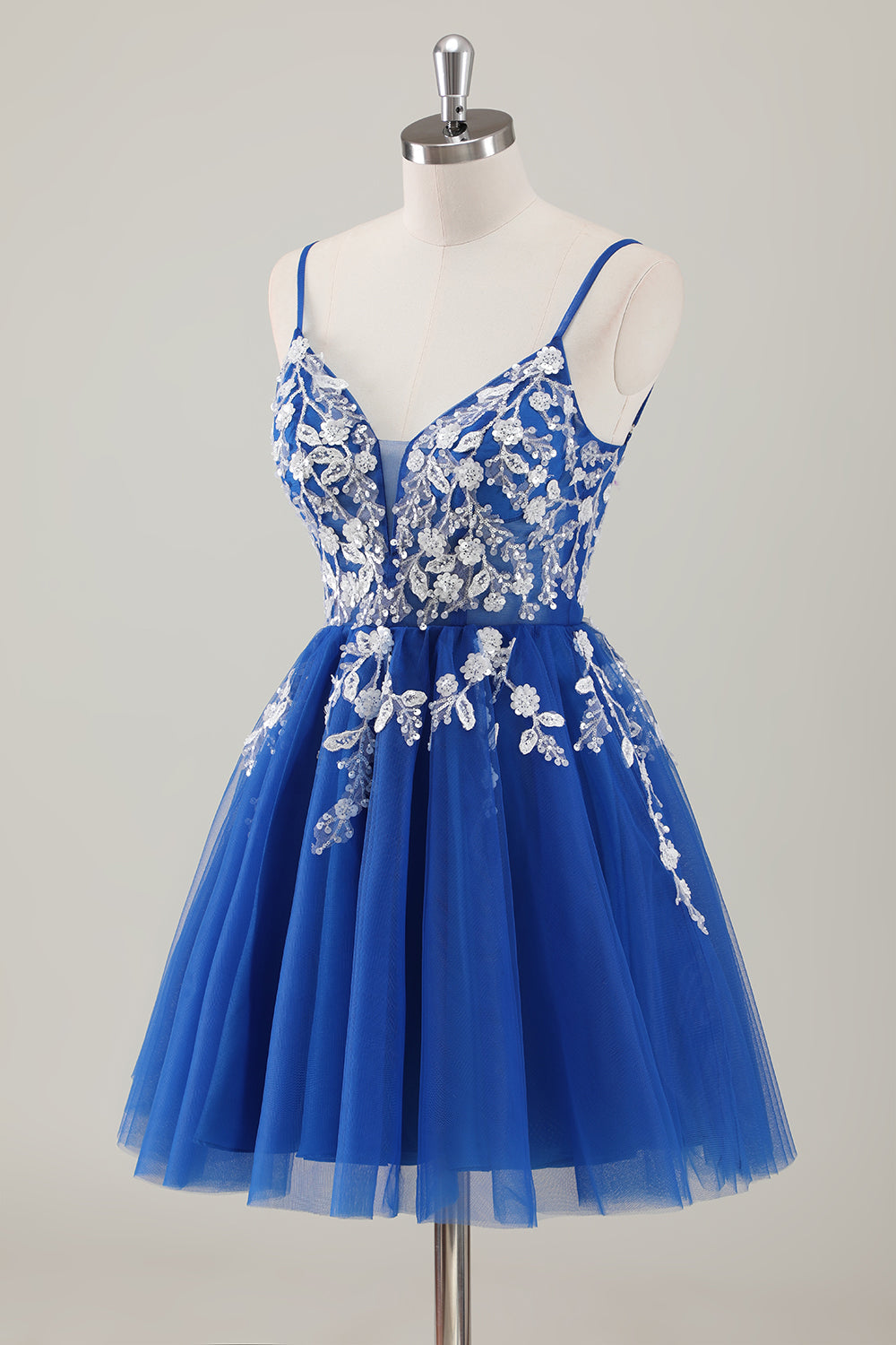 Royal Blue Spaghetti Straps Kort Homecoming Klänning med applikationer