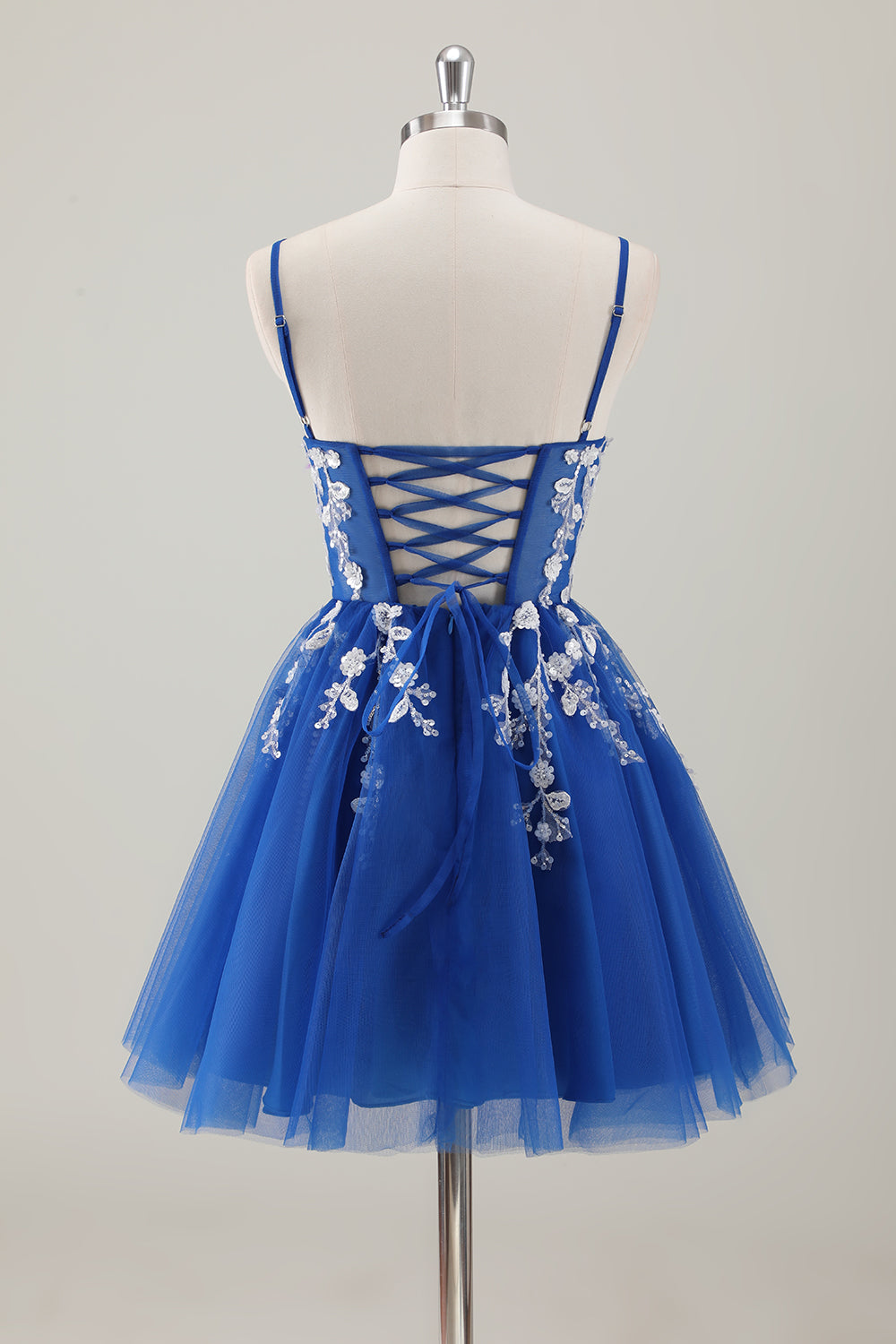 Royal Blue Spaghetti Straps Kort Homecoming Klänning med applikationer