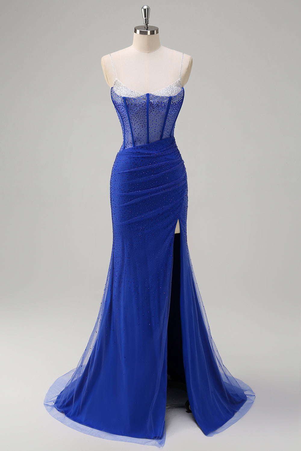 Royal Blue Korsett Mermaid Slit Lång Balklänning med Beading