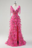 Fuchsia A Line Volang V-ringad Tiered Blommig Balklänning med slits