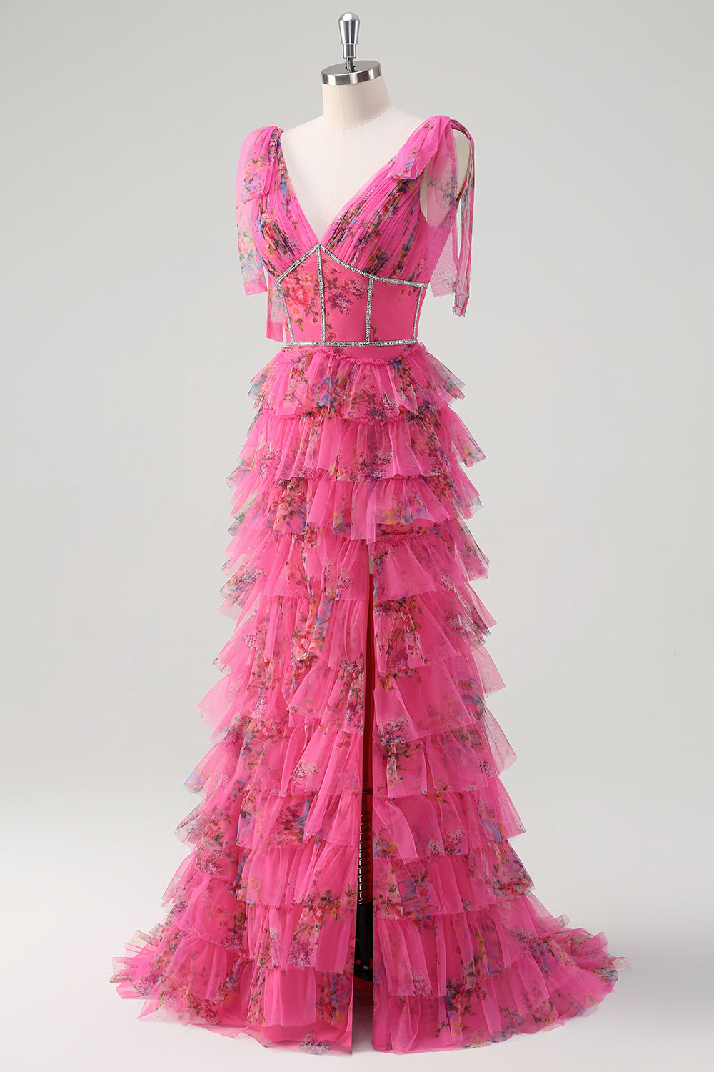 Fuchsia A Line Volang V-ringad Tiered Blommig Balklänning med slits