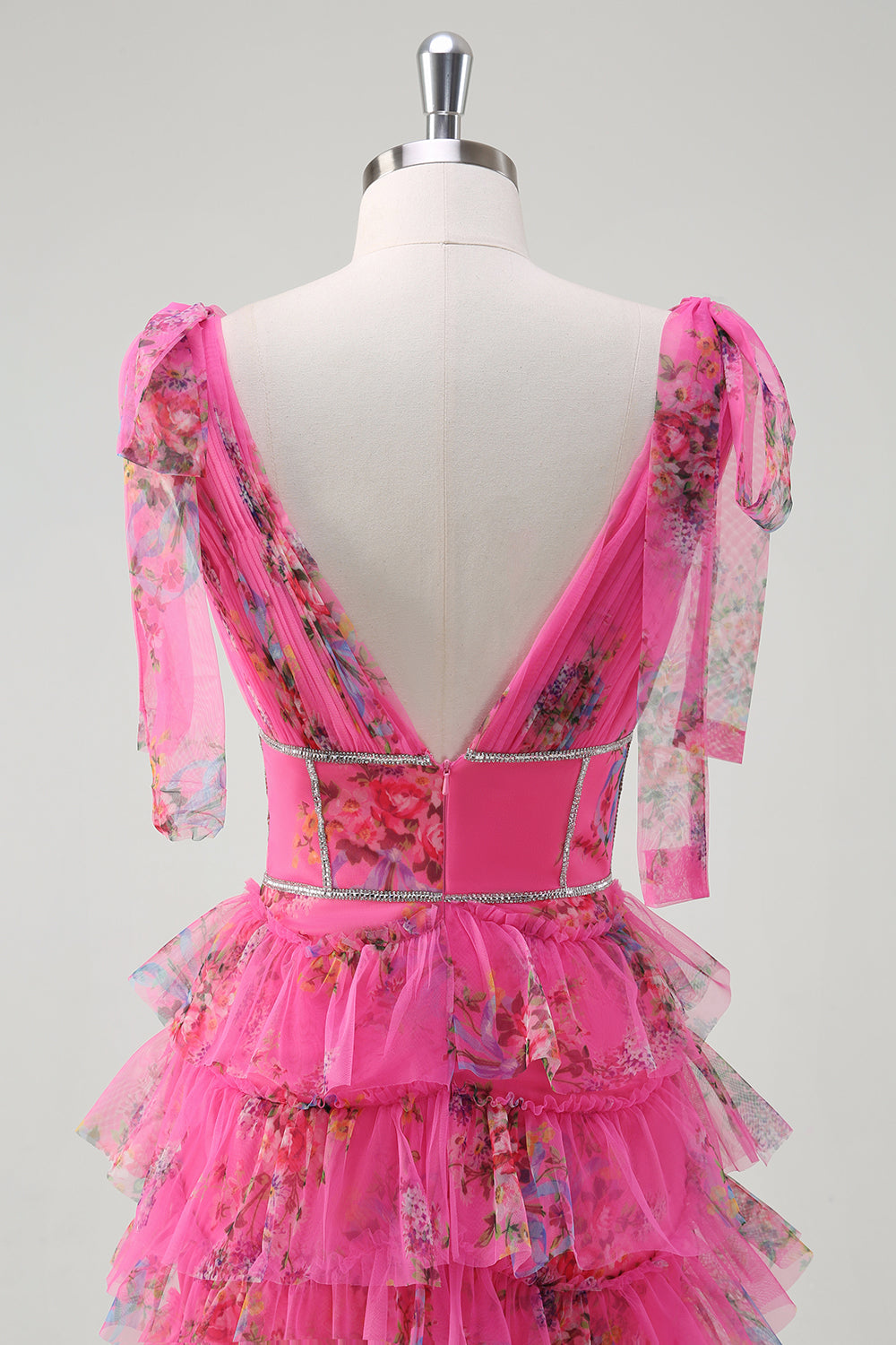 Fuchsia A Line Volang V-ringad Tiered Blommig Balklänning med slits