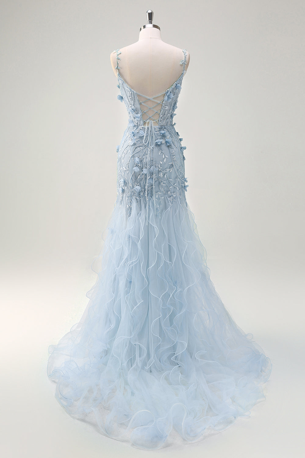 Grön Sjöjungfru Spaghetti Remmar 3D Blommor Lång Balklänning Med Slits