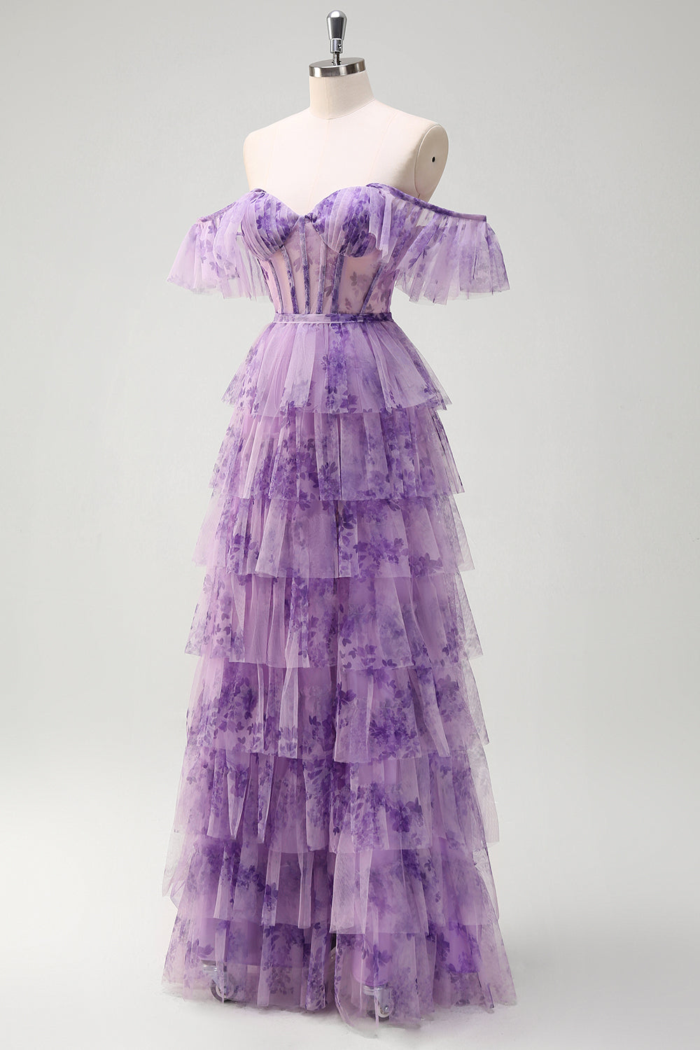 Lila A-linje från axeln Korsett Blommig Ruffles Lång Balklänning med slits