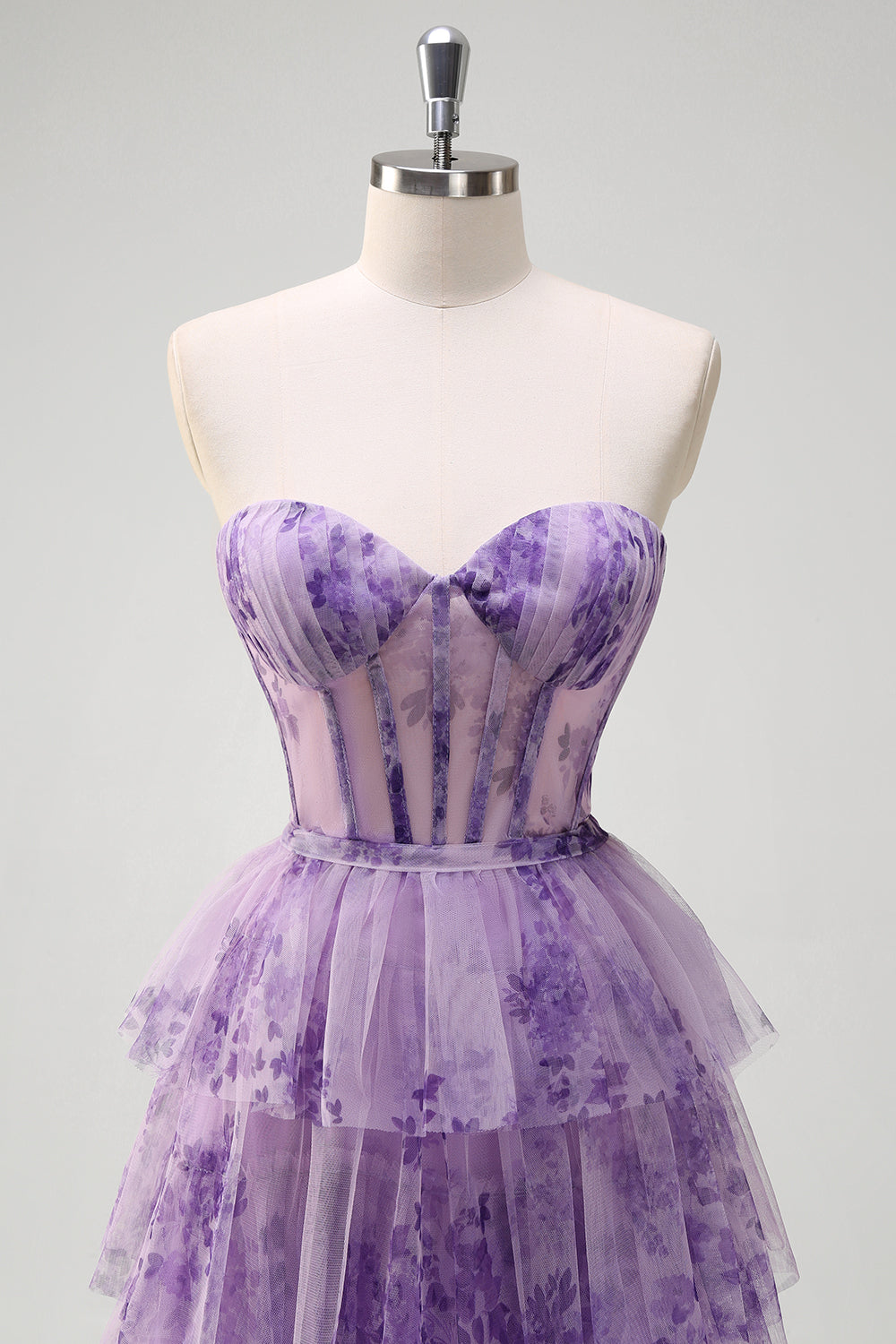 Lila A-linje från axeln Korsett Blommig Ruffles Lång Balklänning med slits