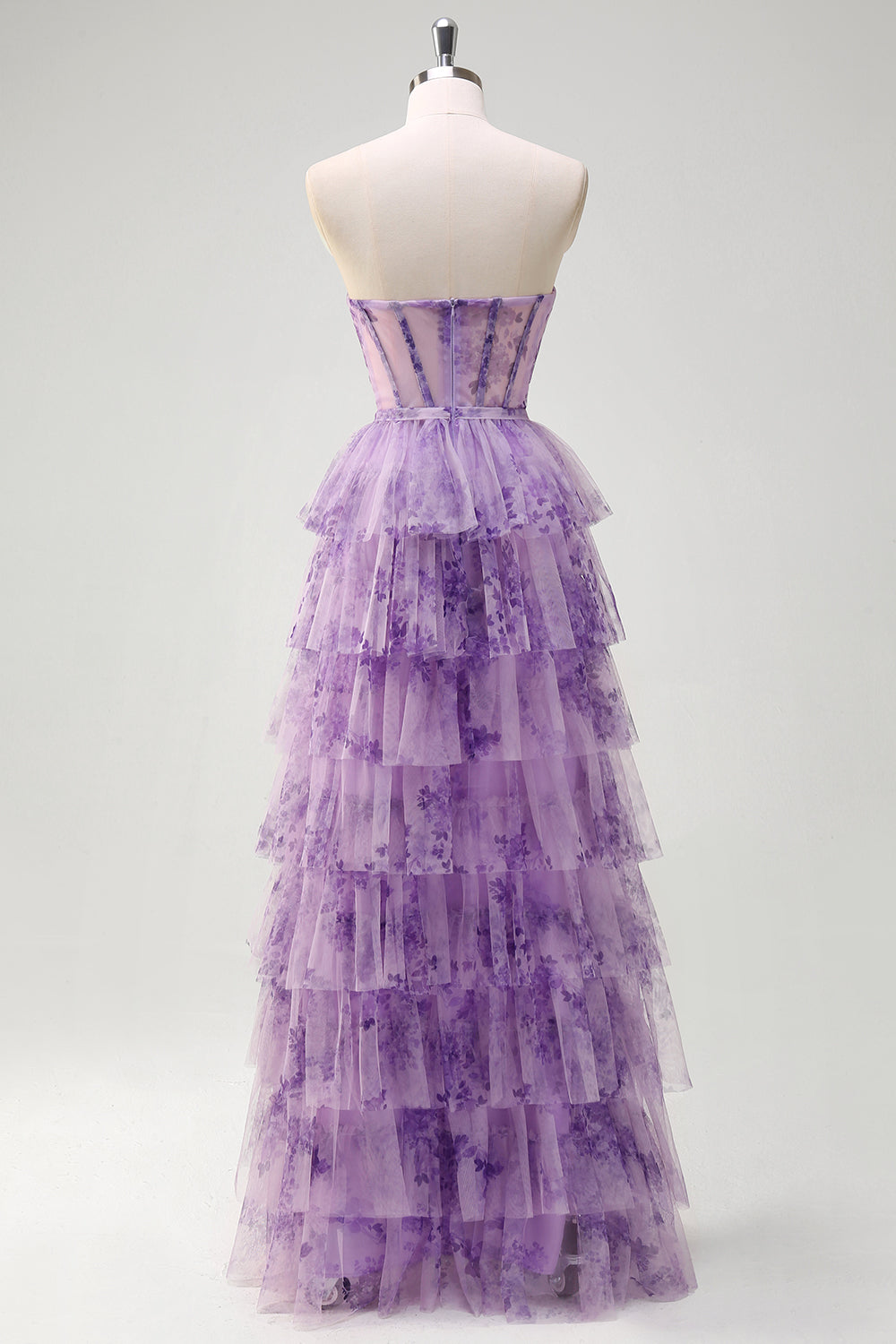 Lila A-linje från axeln Korsett Blommig Ruffles Lång Balklänning med slits