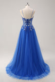 Royal Blue A Line Spaghetti Straps Korsett Tyll Balklänning med broderi