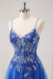 Royal Blue A Line Spaghetti Straps Korsett Tyll Balklänning med broderi