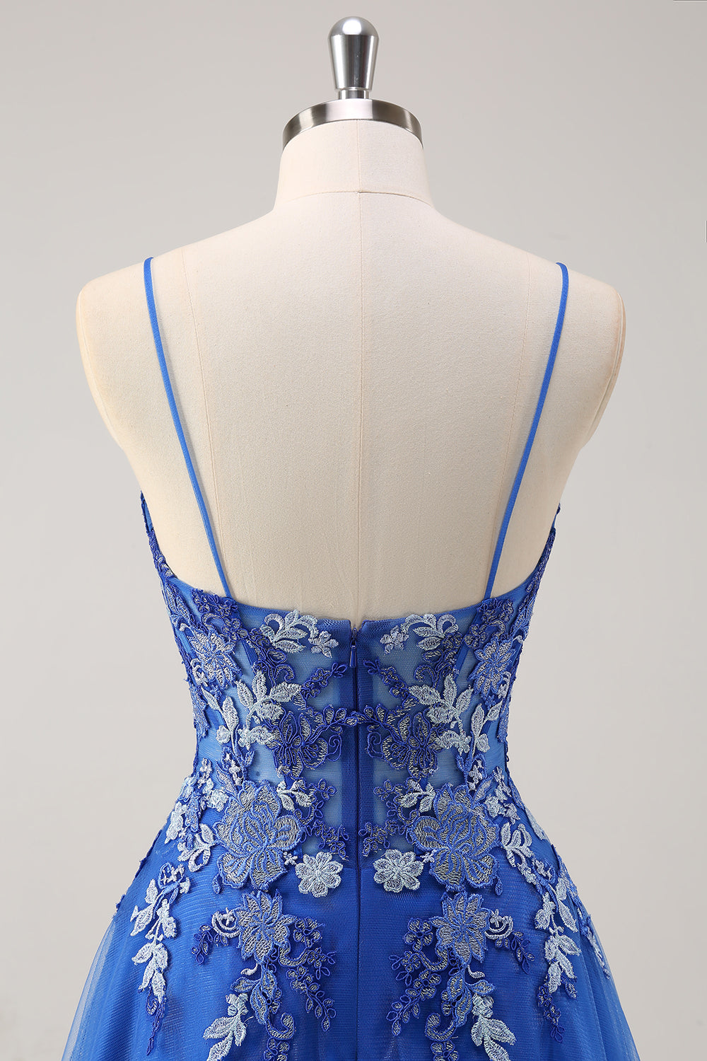 Royal Blue A Line Spaghetti Straps Korsett Tyll Balklänning med broderi