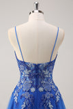 Royal Blue A Line Spaghetti Straps Korsett Tyll Balklänning med broderi