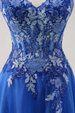 Royal Blue A Line Spaghetti Straps Korsett Tyll Balklänning med broderi