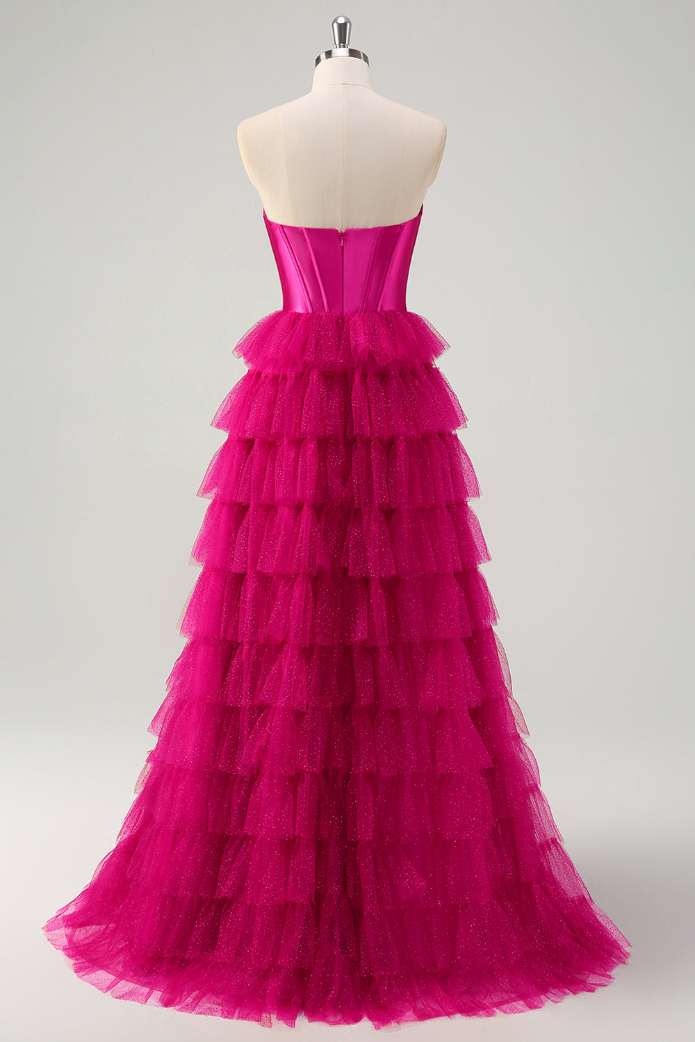Söt Fuchsia Älskling Nyckelhål Tiered Tyll Lång Prinsessa Balklänningar med slits