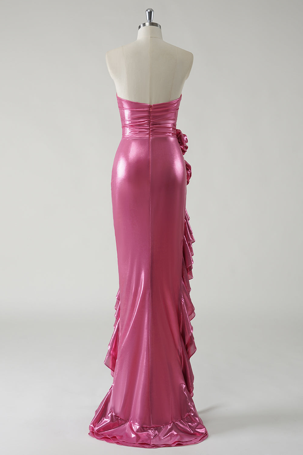 Glittrande Fuchsia Metallic Axelbandslös Balklänning med slits