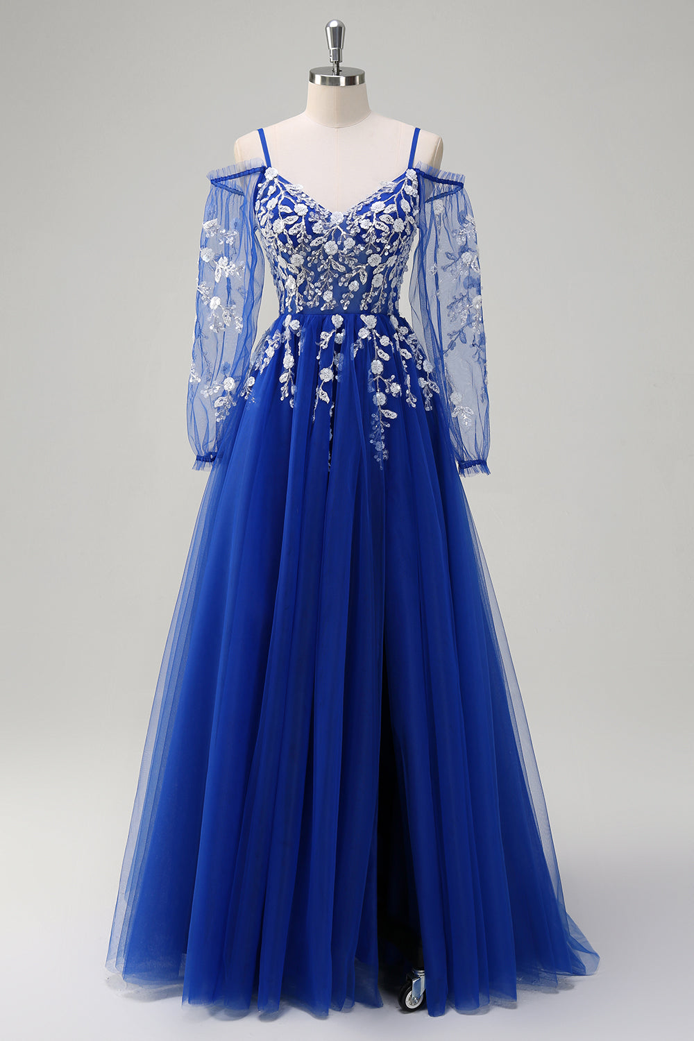 Royal Blue A-linje kall axel paljett applikation lång balklänning med tyll slits