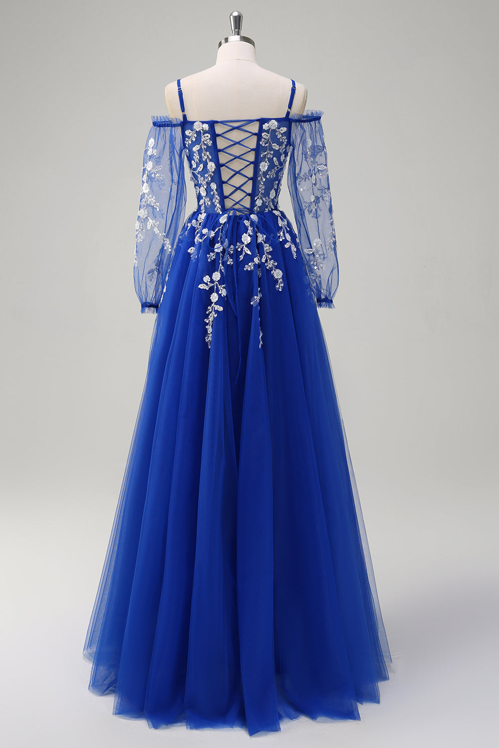 Royal Blue A-linje kall axel paljett applikation lång balklänning med tyll slits