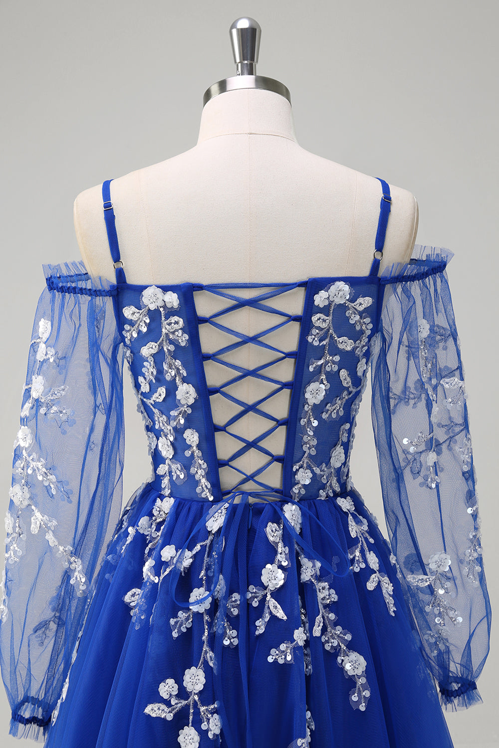 Royal Blue A-linje kall axel paljett applikation lång balklänning med tyll slits