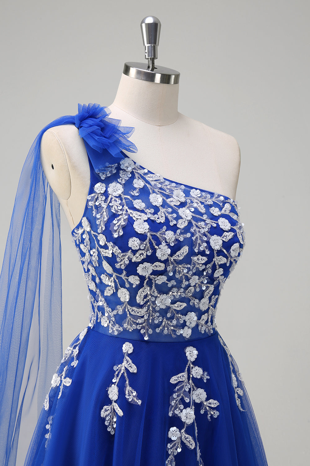 Royal Blue A-linje One Shoulder Watteau Train Appliqued Prom Klänning med Snörning Upp Tillbaka