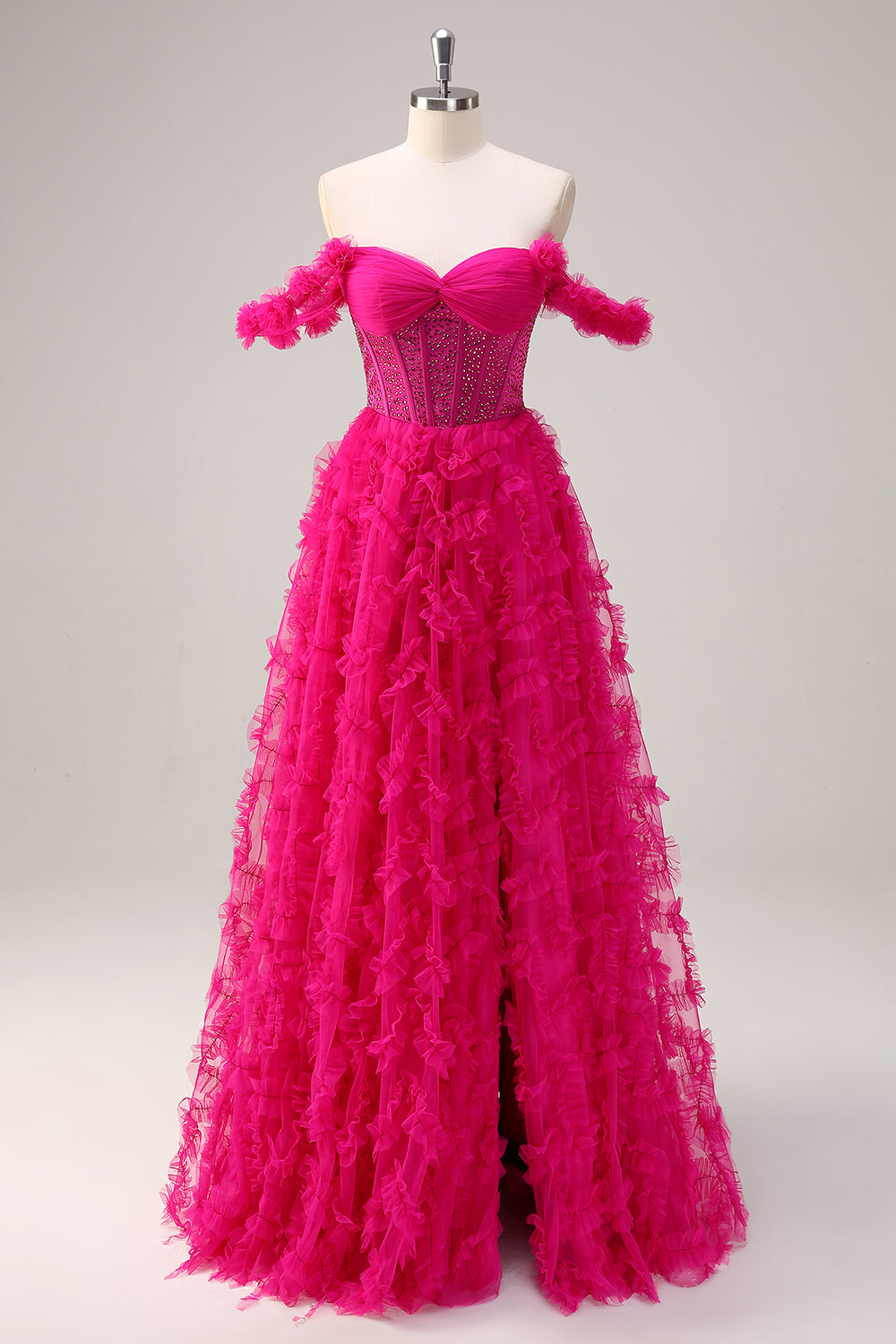 Fuchsia Tiered A-linje från axeln lång korsett balklänning med pärlor