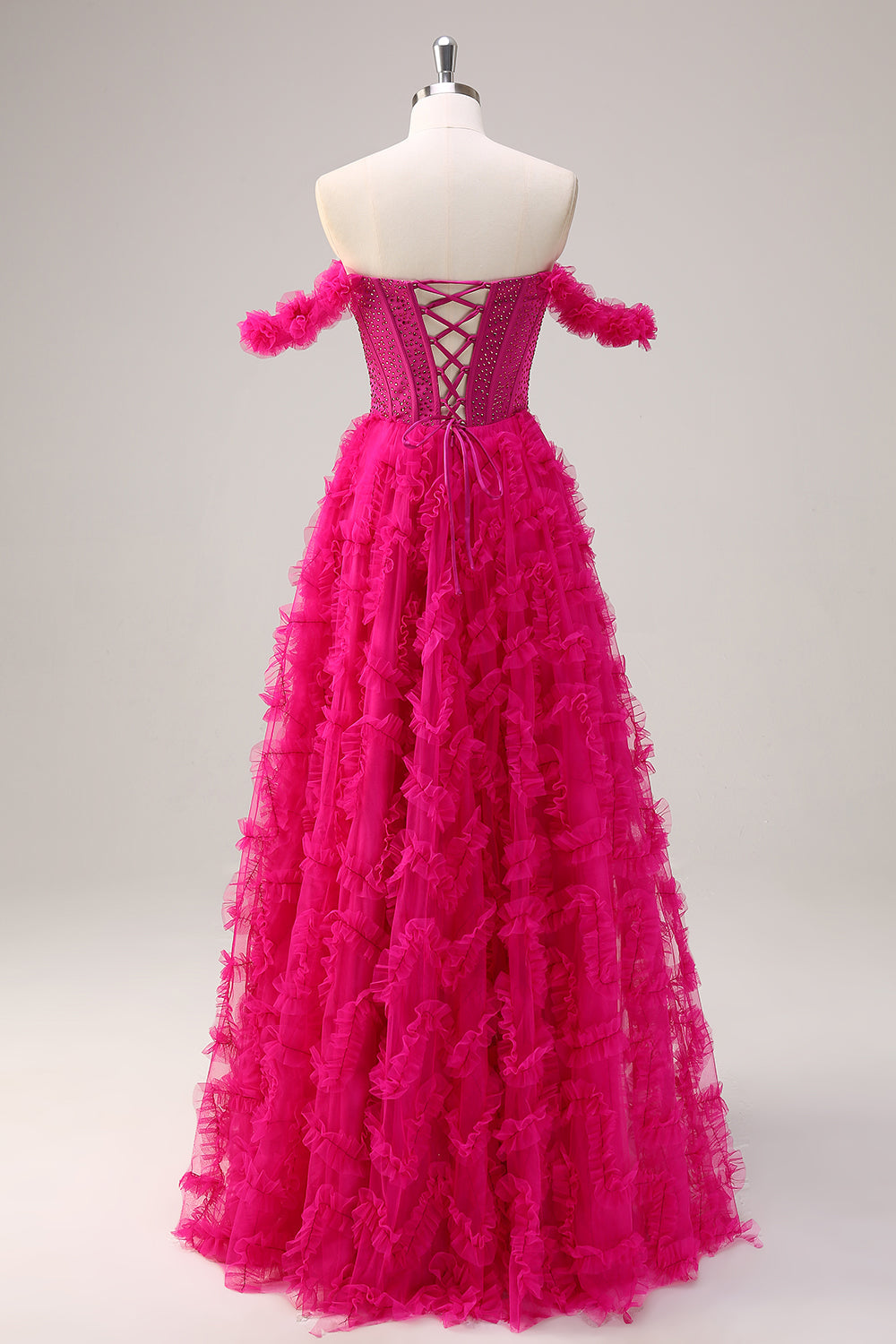 Fuchsia Tiered A-linje från axeln lång korsett balklänning med pärlor