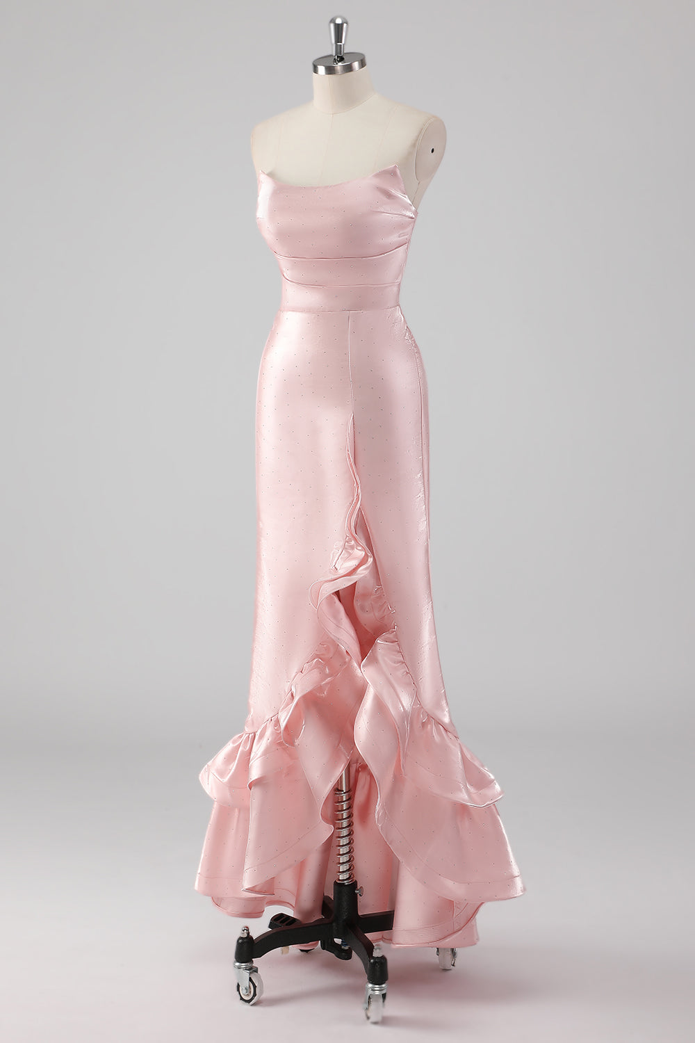 Rosa Ruffled Slida Axelbandslös Satin Lång Formell Klänning med slits