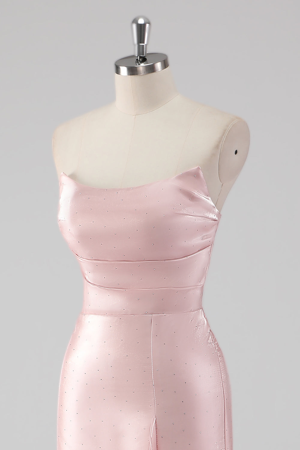 Rosa Ruffled Slida Axelbandslös Satin Lång Formell Klänning med slits