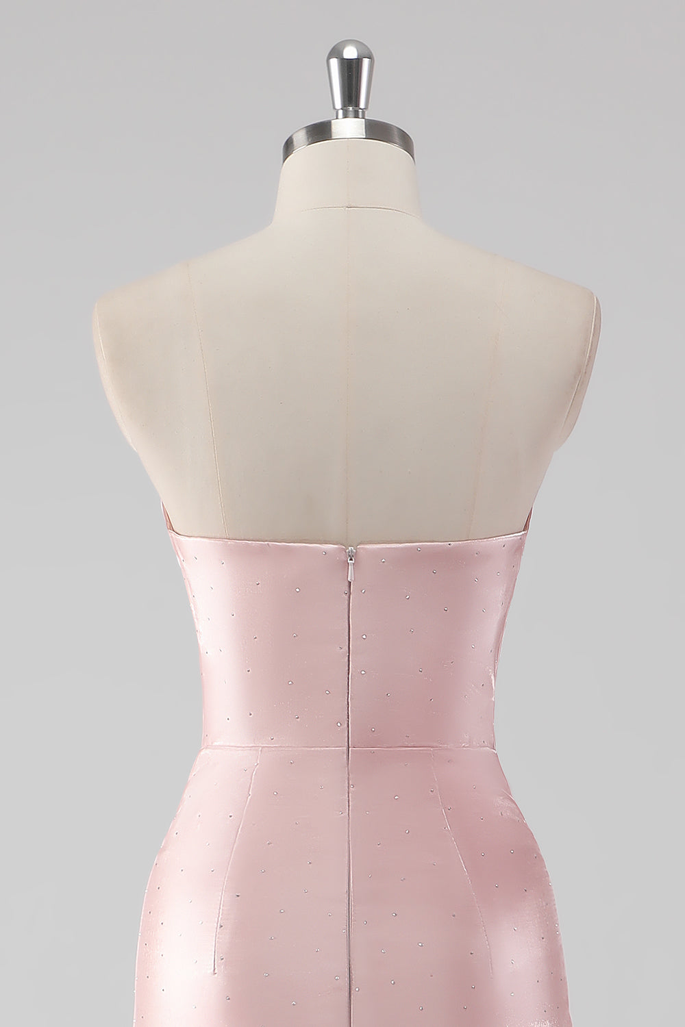 Rosa Ruffled Slida Axelbandslös Satin Lång Formell Klänning med slits