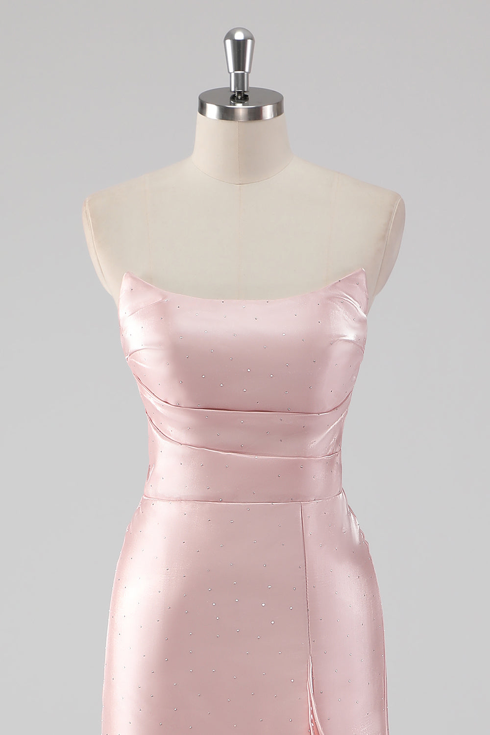 Rosa Ruffled Slida Axelbandslös Satin Lång Formell Klänning med slits