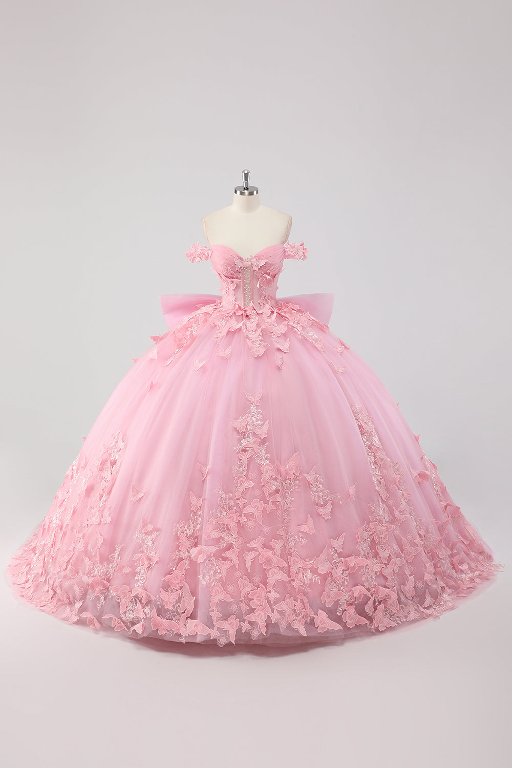 Prinsessa rodna rosa balklänning från axeln pärlstav fjäril tyll quinceanera klänning med rosett