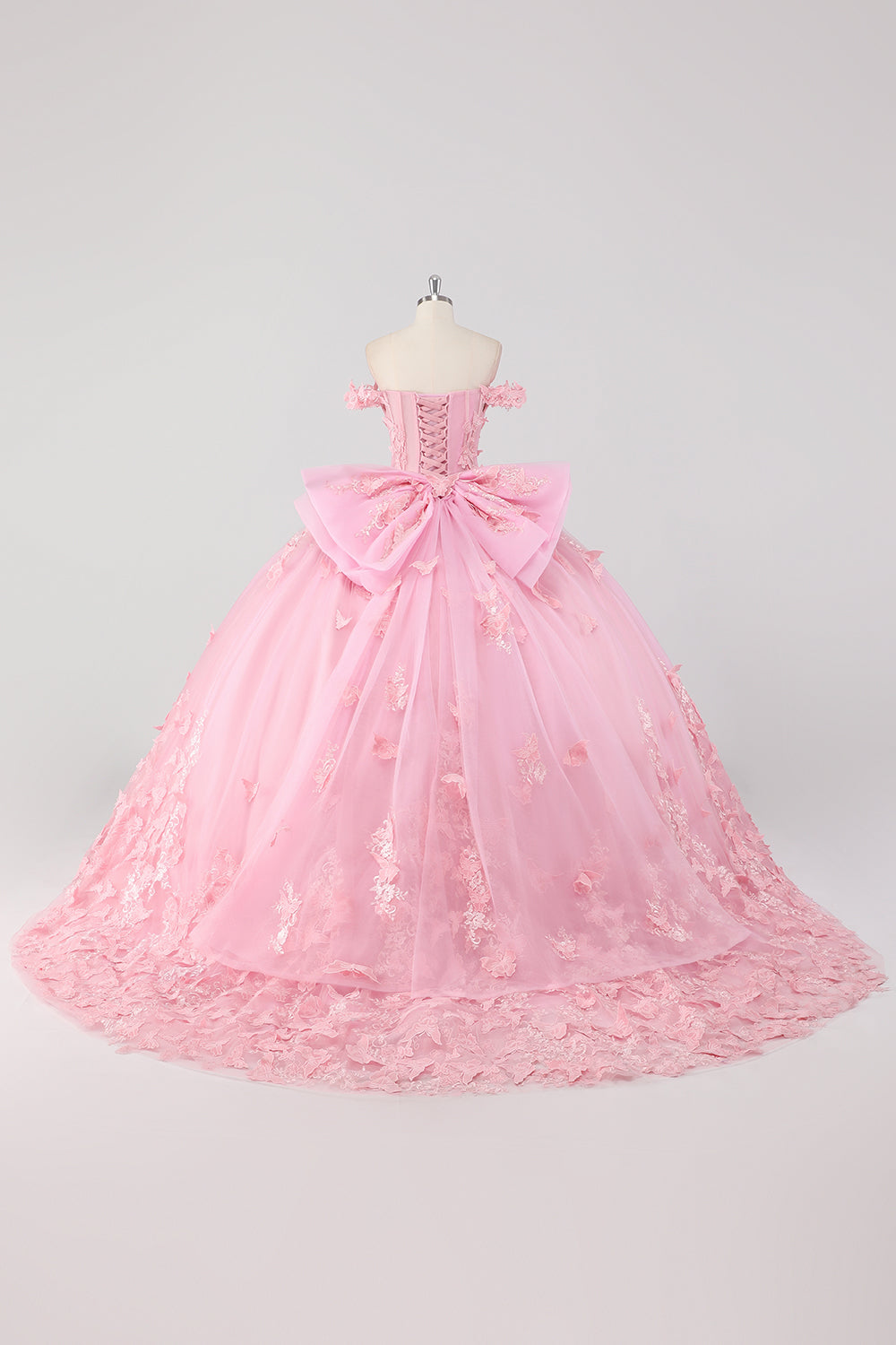 Prinsessa rodna rosa balklänning från axeln pärlstav fjäril tyll quinceanera klänning med rosett