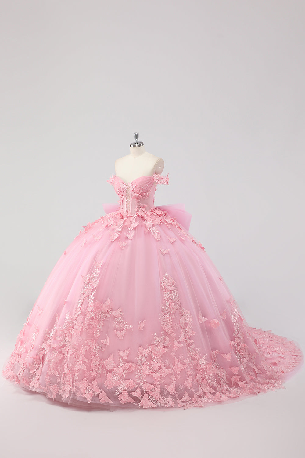 Prinsessa rodna rosa balklänning från axeln pärlstav fjäril tyll quinceanera klänning med rosett