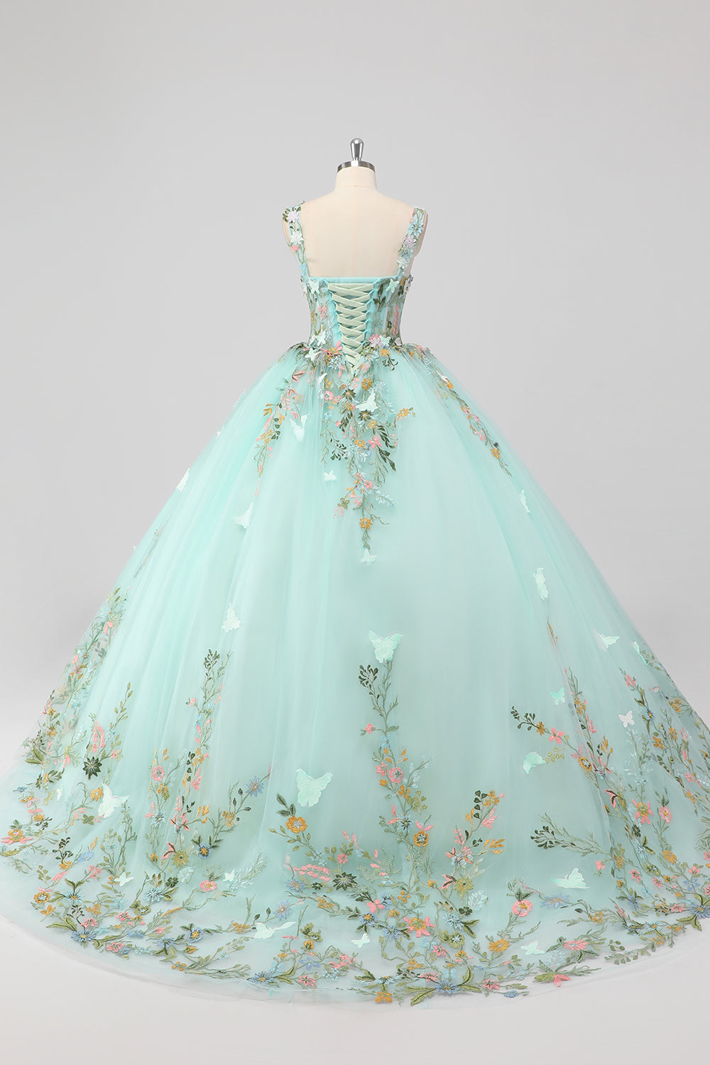 Princess Mint Balklänning Spaghetti Remmar Tyll Quinceanera Klänning med Blomma Appliques