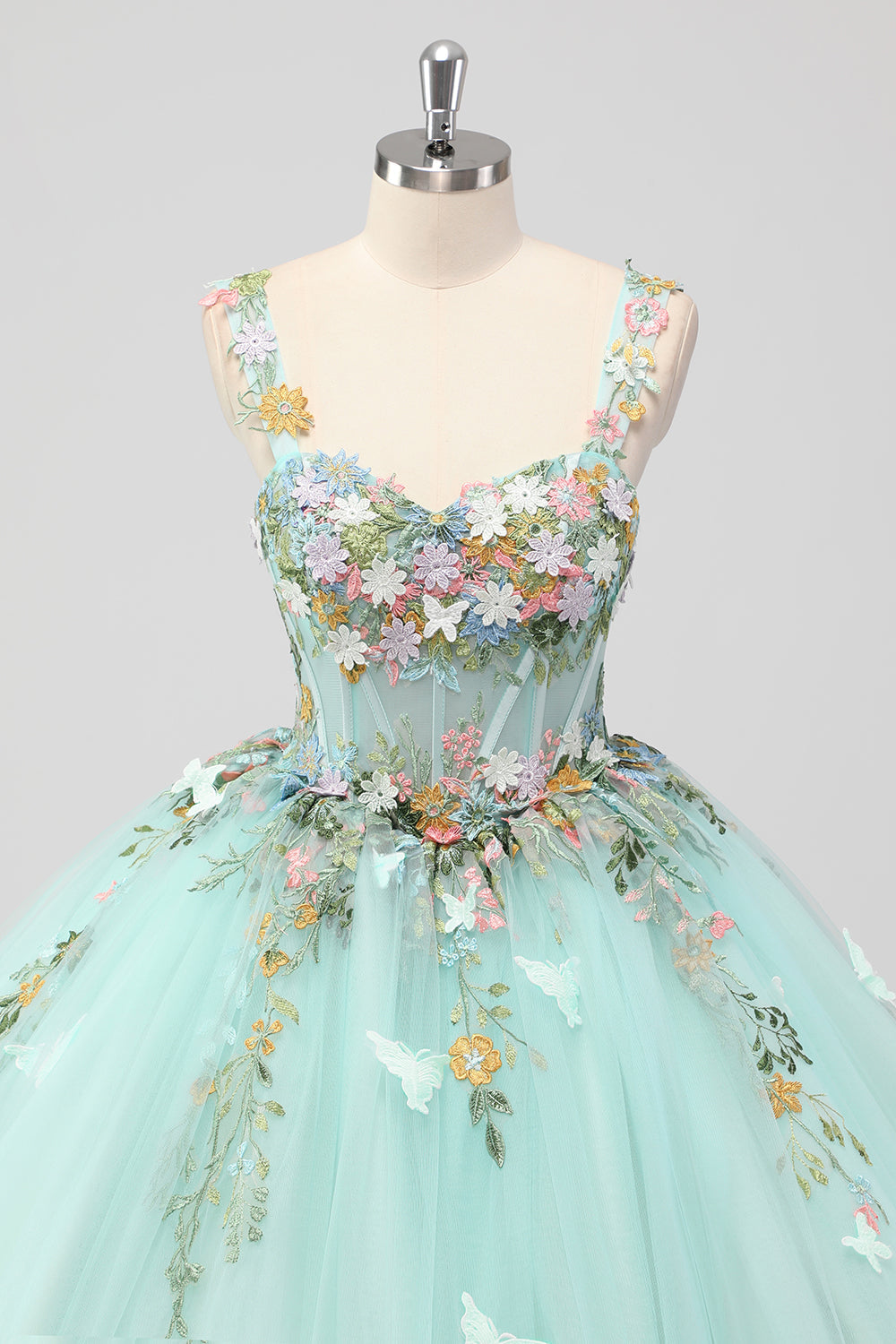 Princess Mint Balklänning Spaghetti Remmar Tyll Quinceanera Klänning med Blomma Appliques