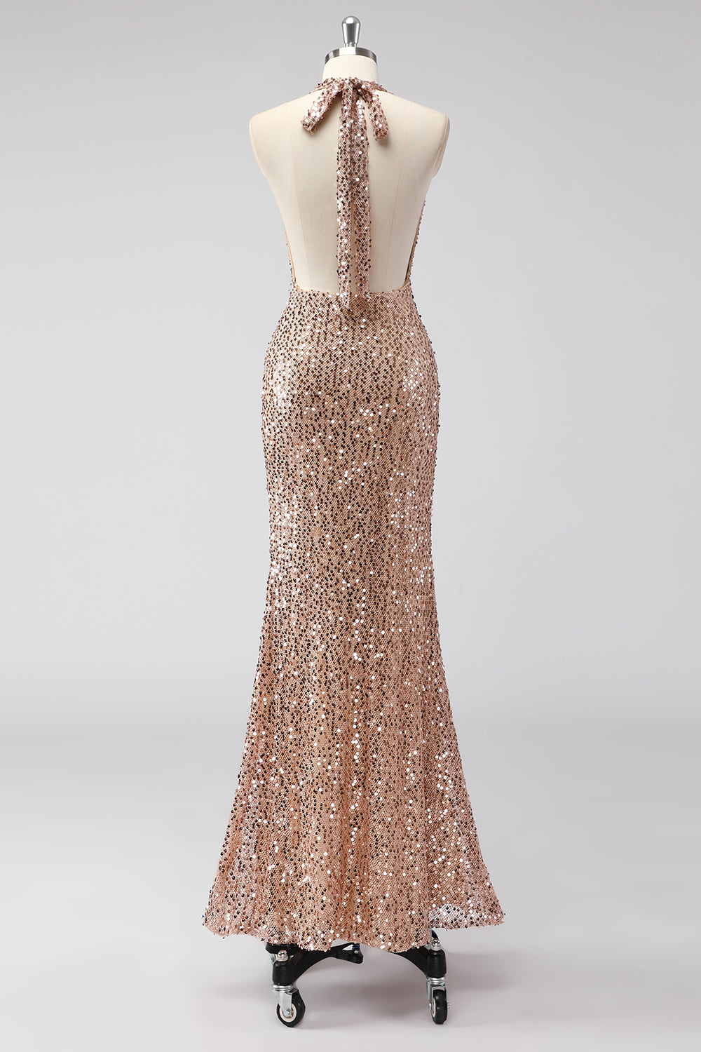 Glitter Champagne Mermaid Halter Öppen Rygg Lång Balklänning med Paljetter