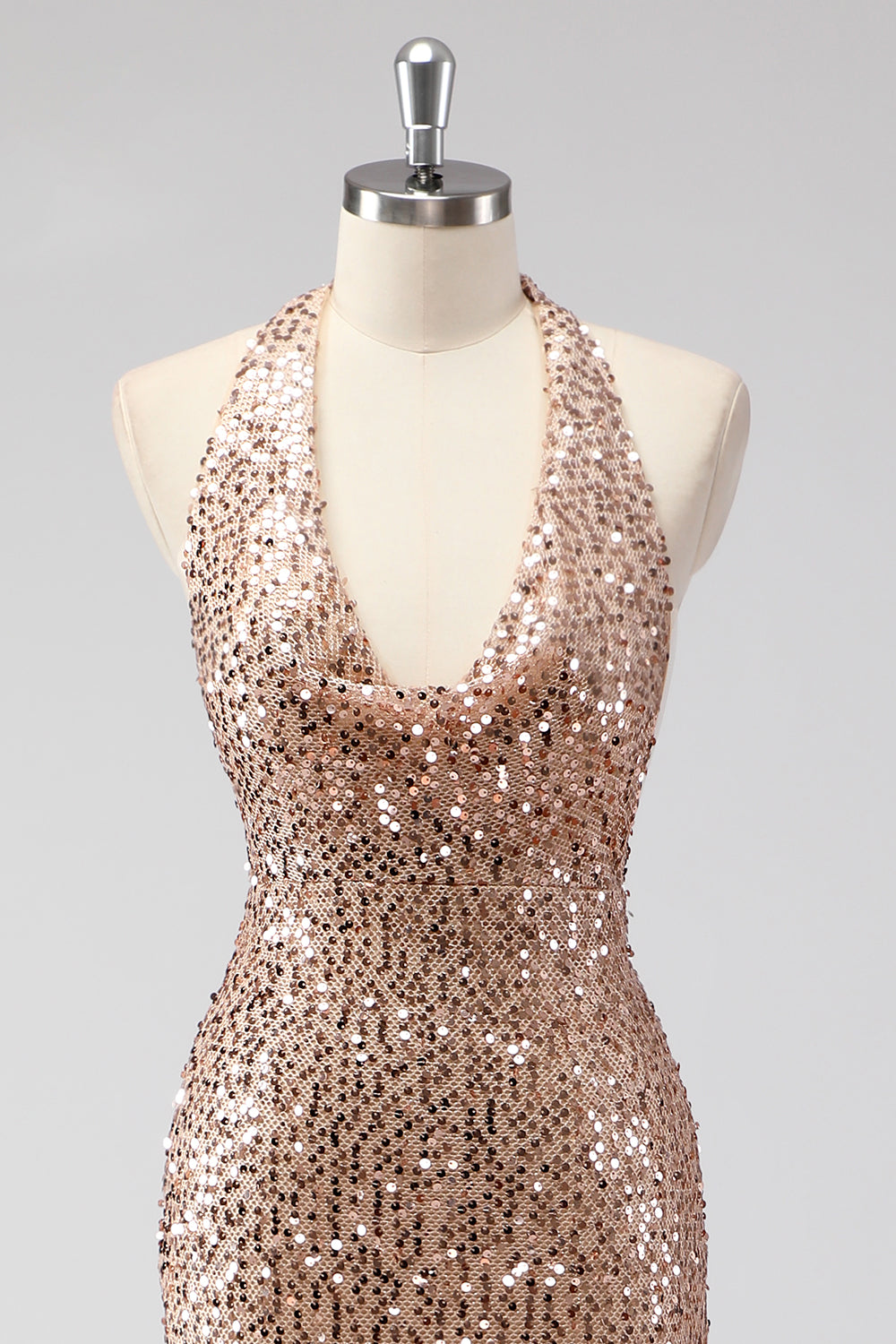 Glitter Champagne Mermaid Halter Öppen Rygg Lång Balklänning med Paljetter