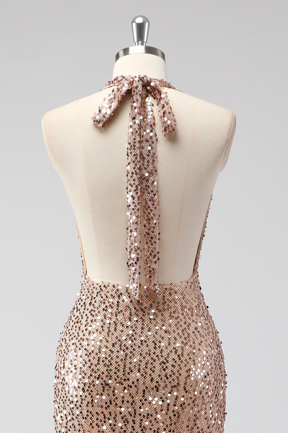 Glitter Champagne Mermaid Halter Öppen Rygg Lång Balklänning med Paljetter