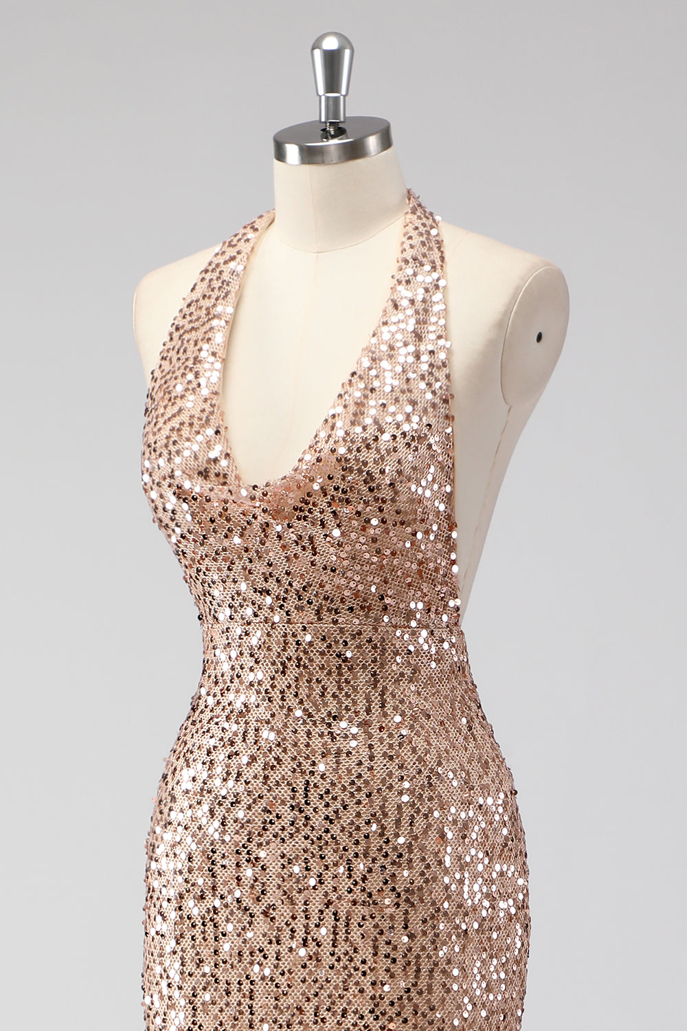 Glitter Champagne Mermaid Halter Öppen Rygg Lång Balklänning med Paljetter