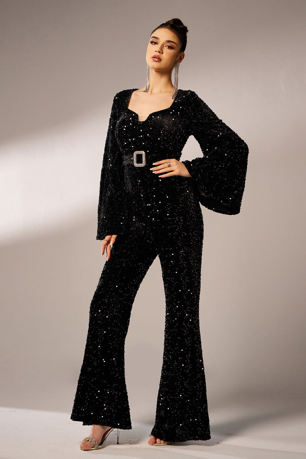 Svart paljett Långärmad Jumpsuit med Bälte