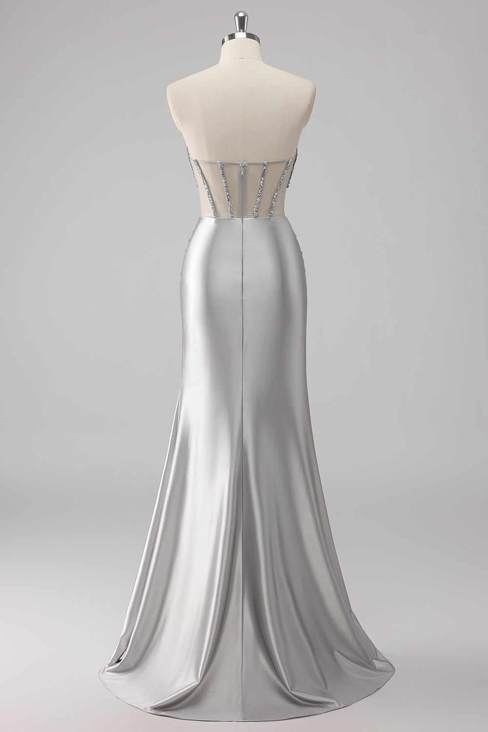 Grå pärlstav axelbandslös Satin Mermaid Lång Balklänning med slits