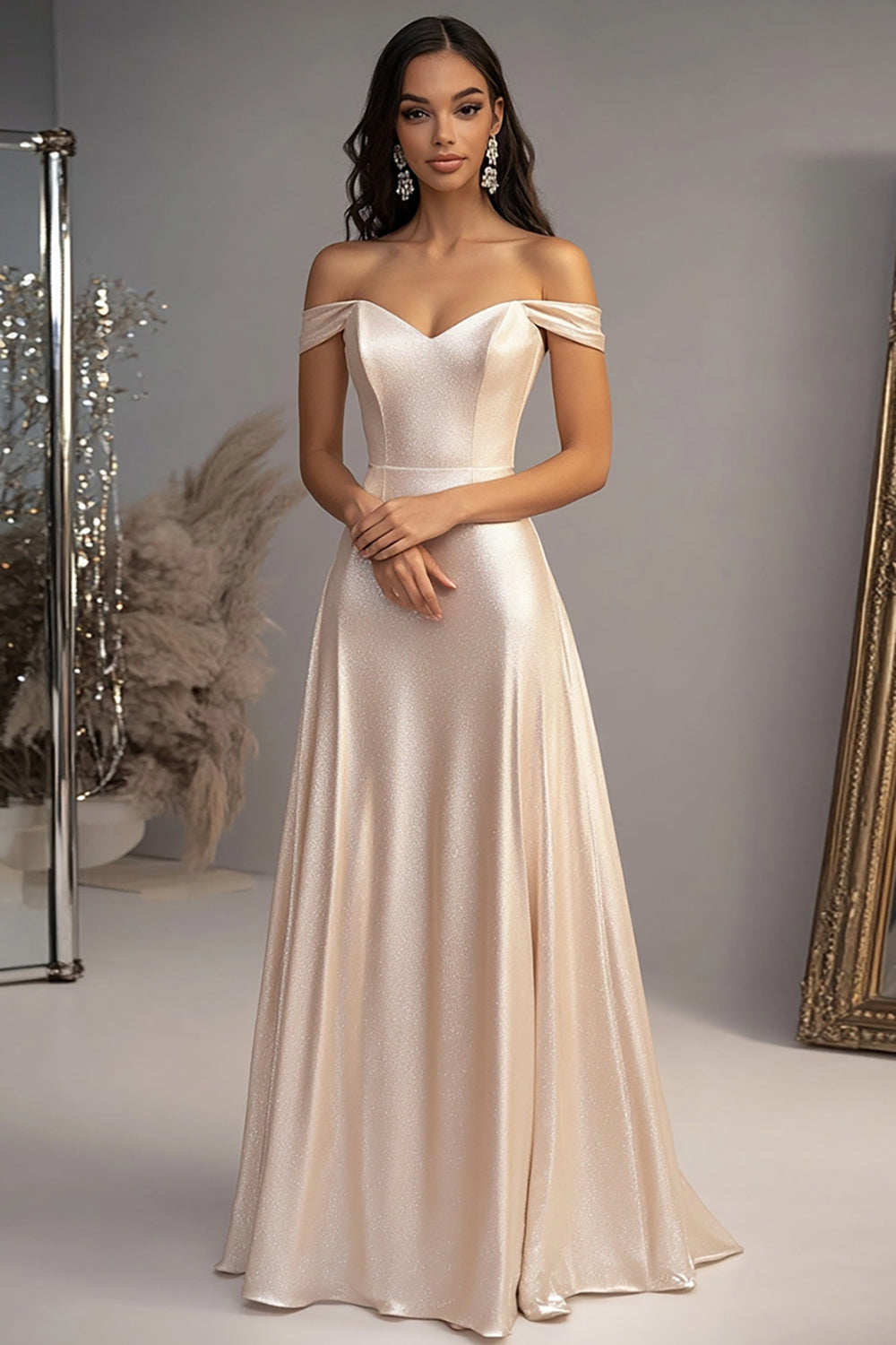 Elegant Champagne A-linje från axeln Satin Lång Prom Klänning