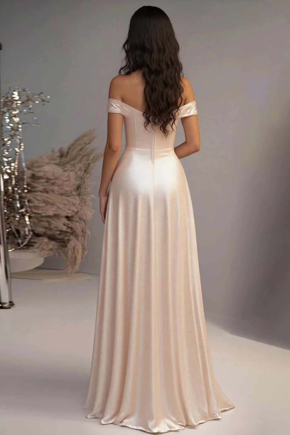 Elegant Champagne A-linje från axeln Satin Lång Prom Klänning