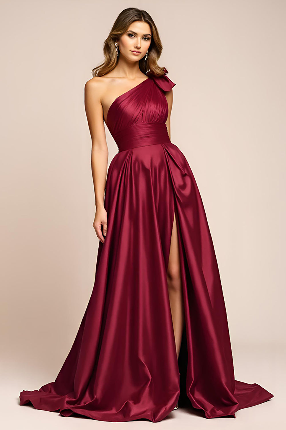 Elegant En linje Vinröd En Axel Lång Satin Balklänning Med Slits
