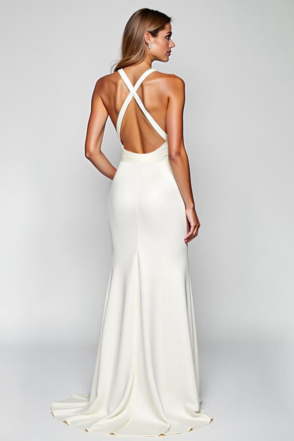 Vit Halter Satin Lång Slida Formell Klänning