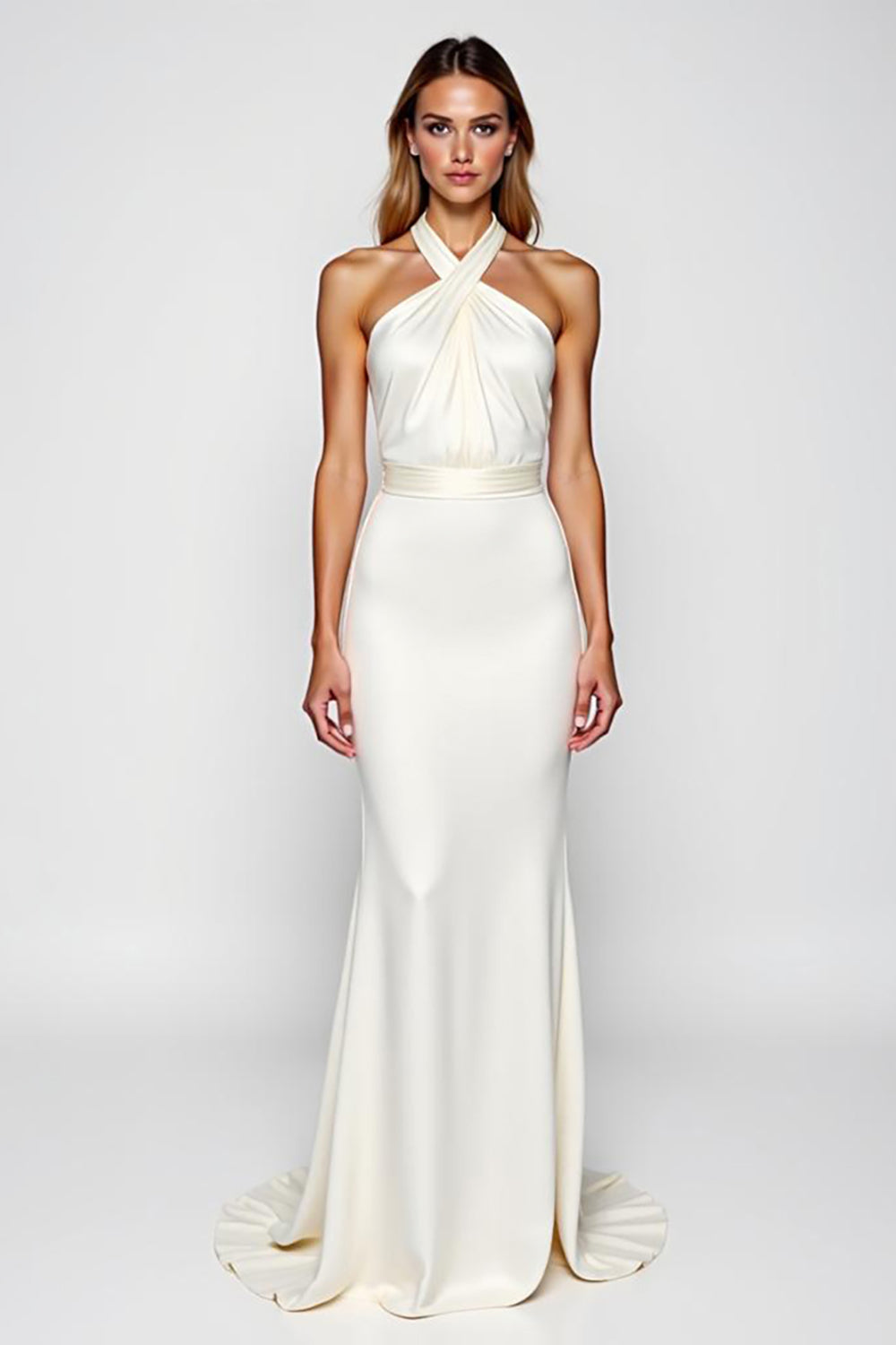 Vit Slida Criss Cross Halter Lång Formell Klänning