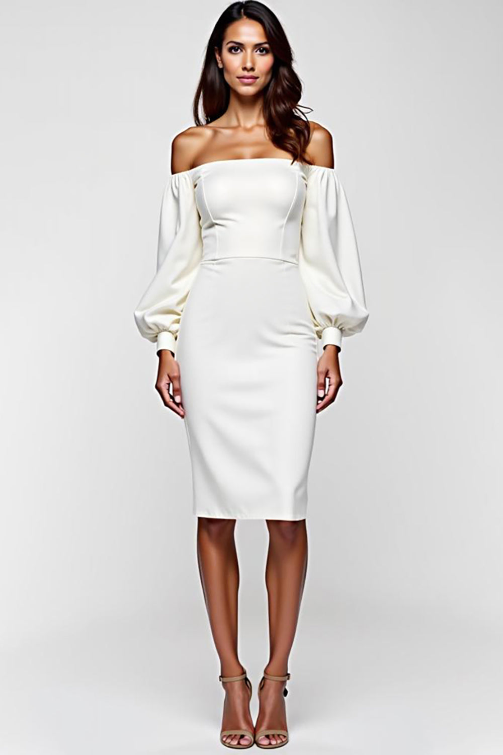 Vit Off The Shoulder Satin Graduation Klänning med Långa Ärmar